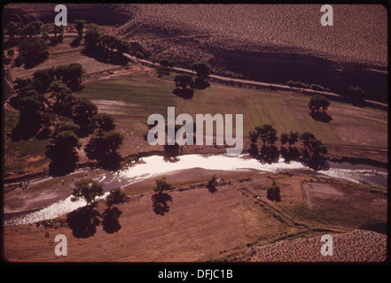 Questa fotografia mostra le terre irrigate lungo il fiume Truckee, un corso d'acqua essenziale negli Stati uniti occidentali. L'irrigazione sostiene l'agricoltura nella regione arida, riflettendo l'importanza della gestione idrica nella zona. Foto Stock