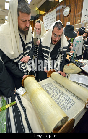 Lettura da un rotolo di Torah a Sukkot mattina servizi a Lubavitch sede a Brooklyn, New York. Foto Stock