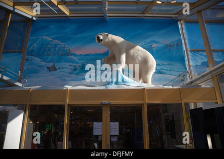 Farcite orso polare sopra l ingresso del supermercato a Longyearbyen, Spitsbergen, Norvegia Foto Stock