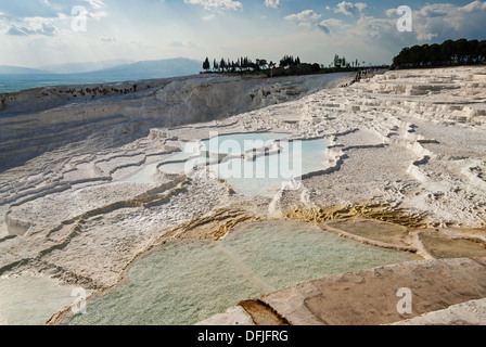 Travertino naturale piscine e terrazze in Pamukkale, Turchia Foto Stock