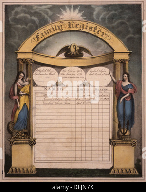 Illustrato family record (fraktur) riscontrato nella guerra rivoluzionaria e pensione Bounty-Land-giustificare l'applicazione File... 300186 Foto Stock