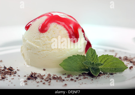 Gelato alla vaniglia con un rametto di menta fresca e sciroppo di ribes rosso Foto Stock