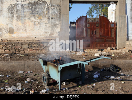 La masterizzazione di spazzatura in una strada in Pushkar,Rajasthan,l'India. Foto Stock