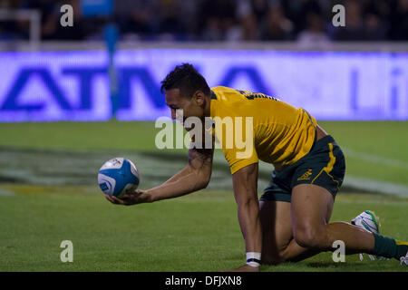 Rosario, Santa Fe, Argentina. 05 ott 2013. Campionato di Rugby fixture tra Argentina e Australia. Estadio Gigante de Arroyito. Christian Leali'ifano celebra il suo tentativo. Credito: Azione Sport Plus/Alamy Live News Foto Stock