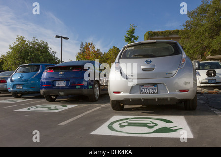 EV simbolo dipinto su spazi di parcheggio per il plug-in di auto elettriche in una società di parcheggio Foto Stock