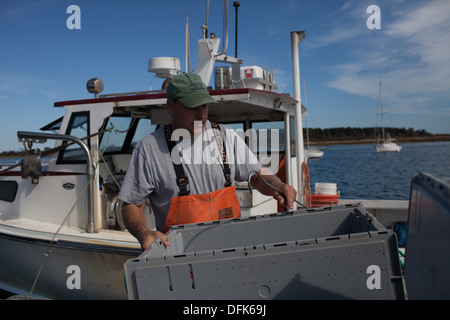 Lobsterman Eric Emmons sul dock di astice in Maine tenetevi pronti a comprare e vendere fresco pescato aragoste per il commercio. Foto Stock