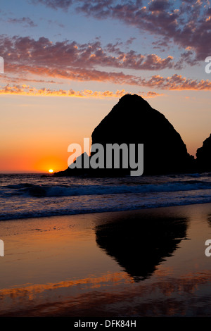 Roccia Whaleshead riflette nelle sabbie della spiaggia Whaleshead nel sud della Oregon a nord della città di Brookings. Foto Stock