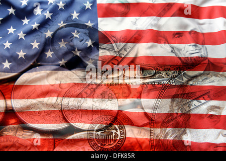 Bandiera americana e composito di valuta Foto Stock