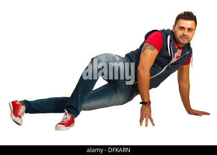 Dancing street uomo in jeans isolato su sfondo bianco Foto Stock