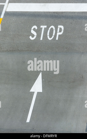 Freccia rivolta verso il segno di stop dipinta su strada asfaltata Foto Stock