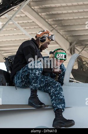 Stati Uniti Navy Airman Robert Williams, Attacco Elettronico Squadron VAQ-137 "Il Rooks" dalla Naval Air Station Whidbey Island, nello Stato di Washington, esegue il post-controlli di volo su un EA-18G Growler a Montagna Home Air Force Base, Idaho, Sett. 30, 2013. Il Rooks uniti compagno Foto Stock