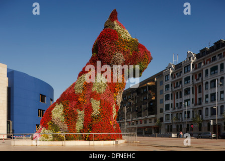 Cucciolo di scultura di fronte al Museo Guggenheim di arte moderna e contemporanea, Bilbao, Provincia di Biskaia, Paese Basco, E Foto Stock