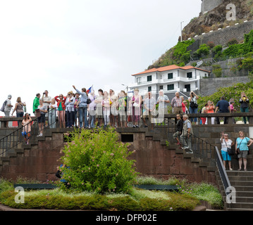 Viaggio turistico guida parlando a un gruppo di turisti circa il Sao Bento Chiesa Ribeira Brava Madeira Portogallo Foto Stock