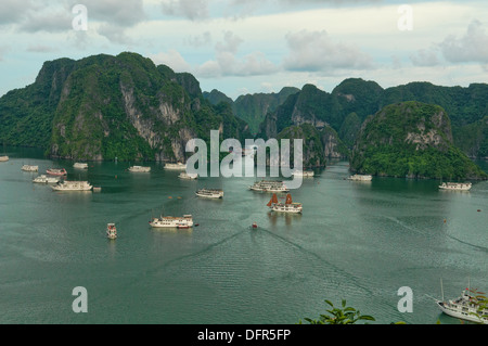 Giunche tradizionali in barca a vela nella Baia di Halong, Vietnam Foto Stock