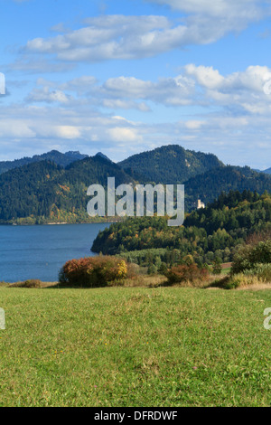 Pieniny mountains con il castello di Niedzica oltre Czorsztynskie lake e prato verde nella parte anteriore. Polonia meridionale. Foto Stock