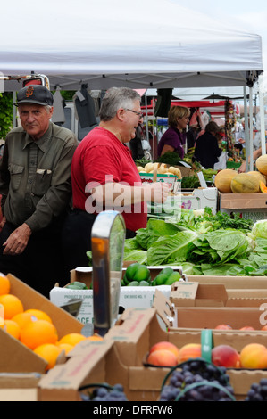 Gli uomini per la vendita di frutta e verdura in un mercato degli agricoltori di Milton, Ontario, Canada Foto Stock