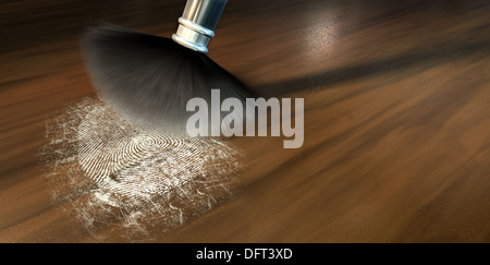 Una scena del crimine pennello nero favoriscono la formazione di polvere di talco in polvere rivelando e un marchio di impronte digitali su una superficie in legno Foto Stock