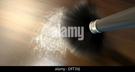 Una scena del crimine pennello nero favoriscono la formazione di polvere di talco in polvere rivelando e un marchio di impronte digitali su una superficie in legno Foto Stock