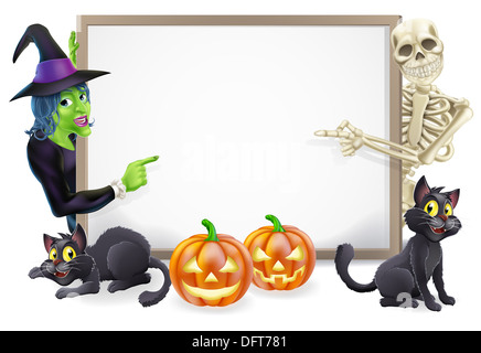 Segno di Halloween o banner con orange zucche di Halloween e cartoon strega e lo scheletro di caratteri Foto Stock
