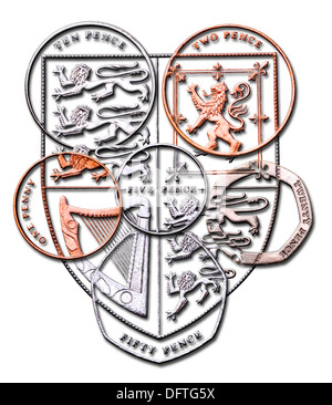British monetazione. Tutte le monete messe insieme per formare la protezione disponibili sul retro della lira moneta. Foto Stock