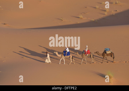 I turisti a cavallo di cammelli nel dune, grande mare di sabbia, Weiße Wüste, Farafra, Gouvernement al-Wadi al-dschadid, Ägypten Foto Stock