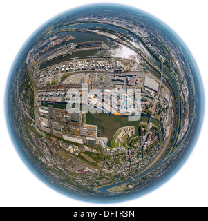 Vista aerea, porto di Duisburg, Duisport, fisheye-view, Ruhrort, Duisburg, distretto della Ruhr, Nord Reno-Westfalia, Germania Foto Stock