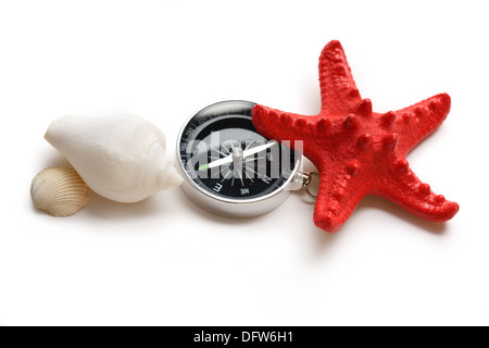 Bussola, seastar e conchiglie su bianco Foto Stock