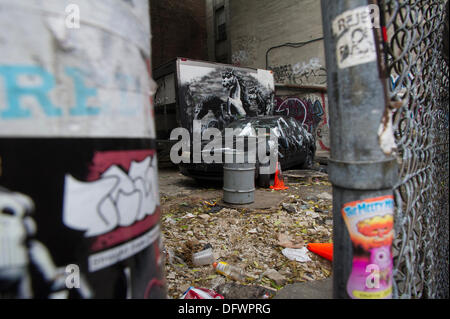 New York City, NY, STATI UNITI D'AMERICA. 09oct, 2013. Gli appassionati di graffiti gregge di una partita vacante nel quartiere di Lower East Side di New York il Mercoledì, Ottobre 9, 2013 per vedere la nona puntata di Banksy graffiti dell'arte. Questo particolare rata viene visualizzato attraverso una catena collegamento recinto e un recinto bloccato. Credito: Francesca Roberts/Alamy Live News Foto Stock