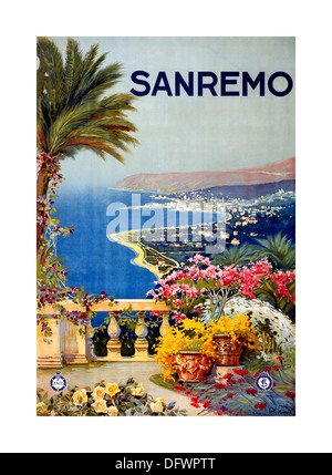 Poster di viaggio d'epoca di SAN REMO Sanremo con terrazza di palme e vista sulla costa dell'Italia dei primi anni '1920 Foto Stock