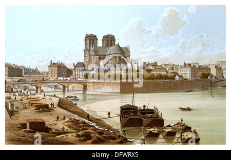 NOTRE DAME VINTAGE illustrazione storica isola de Paris con la cattedrale di Notre Dame 1800 illustrazione Parigi Francia Foto Stock