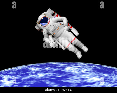 Astronauta floating nello spazio esterno al di sopra del pianeta Terra. Foto Stock