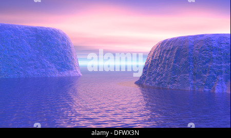 Due iceberg faccia a faccia nell'oceano con rosa e viola sunrise. Foto Stock