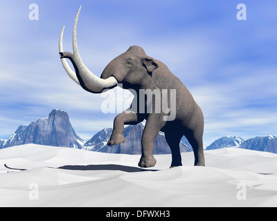 Grandi mammoth camminando lentamente sulla montagna innevata. Foto Stock