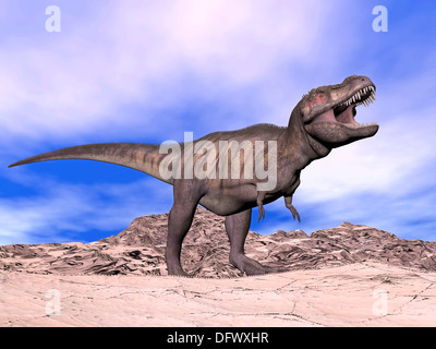Aggressivo Tyrannosaurus Rex dinosauro nel deserto con la bocca aperta che mostra i suoi denti. Foto Stock