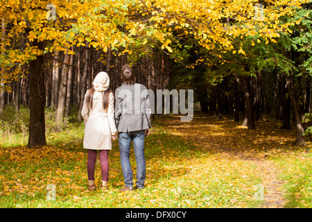 Vista posteriore della coppia giovane in amore sul grande prato in autunno sotto grandi alberi di acero in autunno soleggiata giornata Foto Stock