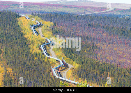 Trans-Alaska oleodotto che corre parallelo con Dalton autostrada che conduce a Prudhoe Bay in Oceano Artico, Alaska Foto Stock
