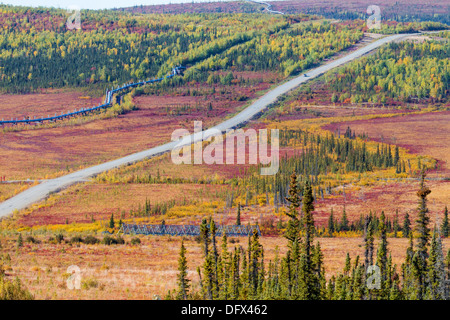 Trans-Alaska oleodotto che corre parallelo con Dalton autostrada che conduce a Prudhoe Bay in Oceano Artico, Alaska Foto Stock