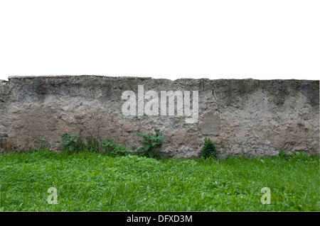 Il vecchio muro di cemento in decadenza, con l'erba nella parte anteriore Foto Stock