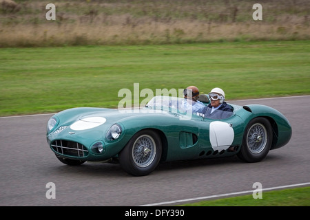 Tony Brookes e Sir Stirling Moss in Aston Martin DBR1, Jim Clarke commemorazione display. 2013 Goodwood, Sussex, Regno Unito Foto Stock