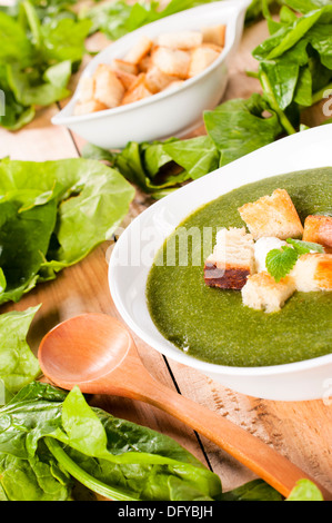 Cremosa zuppa di spinaci essiccati con croste. Messa a fuoco selettiva su la zuppa Foto Stock