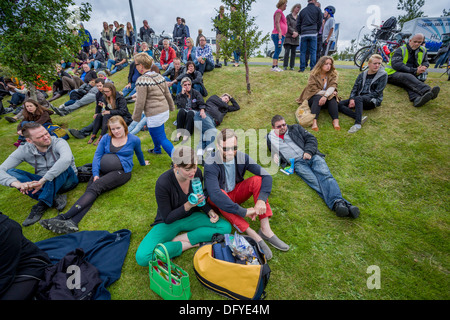 Concerto estivo nel parco, "di mostri e uomini", Reykjavik, Islanda Foto Stock