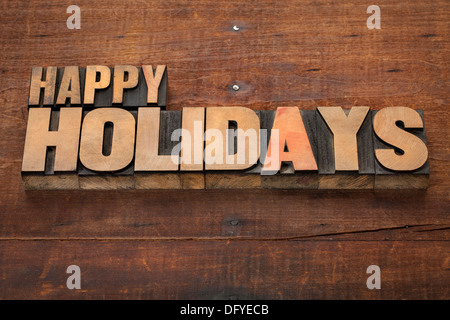 Vacanze felici - testo in rilievografia vintage tipo legno blocchi su un grunge sfondo di legno Foto Stock
