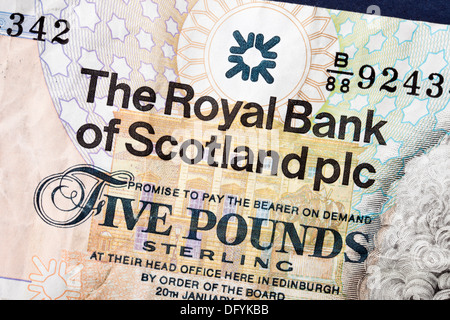 Primo piano di una nota scozzese da cinque sterline emessa dalla Royal Bank of Scotland UK Britain Foto Stock