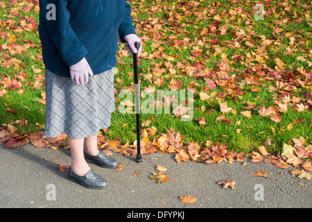 Novantenne lady passeggiate nel parco pubblico in autunno. Regno Unito Foto Stock