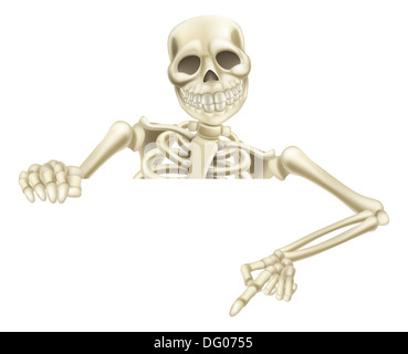 Una illustrazione di un cartoon lo scheletro di Halloween con la punta rivolta verso il basso in corrispondenza di un segno o di scorrere Foto Stock