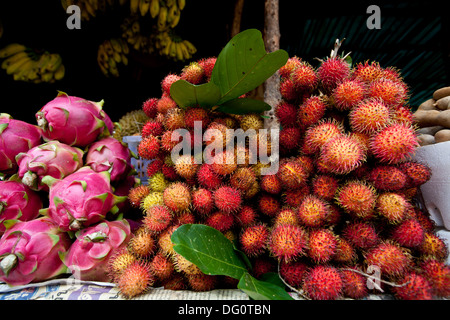 Primo piano di un fascio di rambutan e dragon frutto è visualizzato su un piedistallo di frutta in Cambogia. Foto Stock