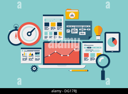 Design piatto illustrazione moderno set di icone del sito web ottimizzazione SEO, il processo di programmazione e web analytics elementi. Foto Stock