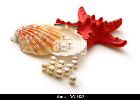 Scattering perle bianche in conchiglia e seastar Foto Stock