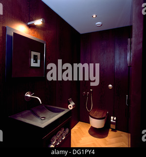 Illuminazione e sopra lo specchio vanity con solidale nero ardesia bacino nel guardaroba moderno con legno scuro e pareti rivestite di pannelli Foto Stock