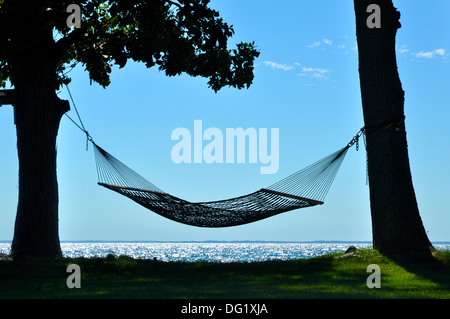 Amaca tra due alberi sulla riva del lago Ontario New York Foto Stock